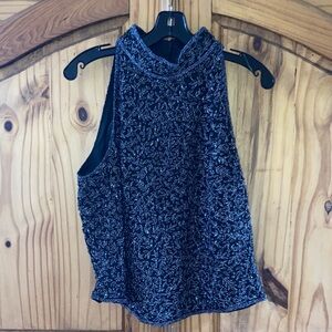 Women Papell Boutique Evening black silver beaded sleeveless blouse shirt size L